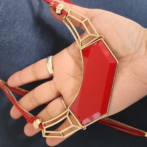 Long Adjustable Necklace Red Suede Leather and Gold Chain with Bid - Picture 5 of 7